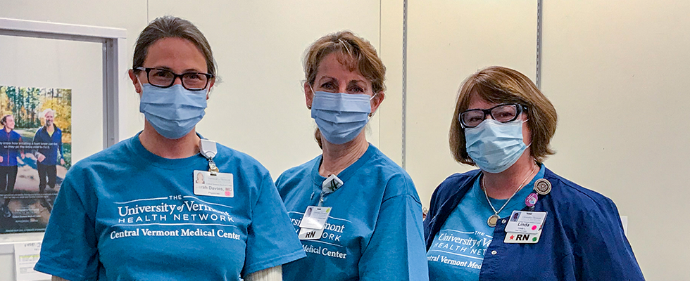 CVMC Covid Vaccine Hub Medical Director Sarah Davies, MD, Director of Primary Care Operations Barbara Quealy, and Site Coordinator Linda Leu, RN
