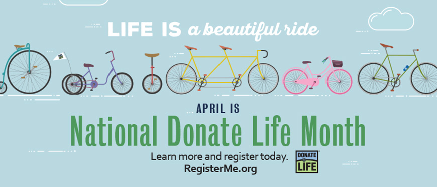 April Is National Donate Life Month graphic with a variety of bicycle styles