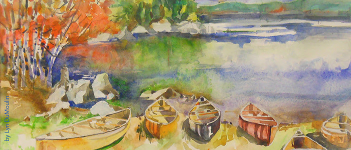 Watercolor of canoes resting at edge of lake by Lyn DuMoulin