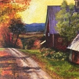 Painting of barn set within fall foliage and yellow sky