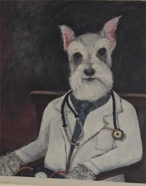 Painting of Schnauzer dressed in doctor's coat