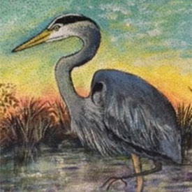 Painting of heron standing in a marsh
