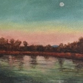 Painting of moon over lake with colorful sky
