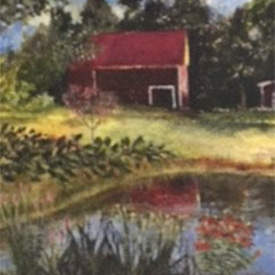 Painting of barn with pond in foreground