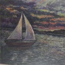 Painting of sailboat on a lake in the evening