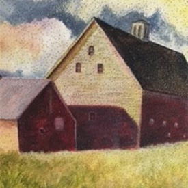 Painting of red barn set in field of golden hay