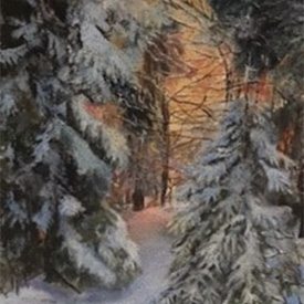 Painting of trees laden with snow