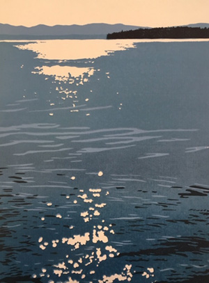 Woodblock of Lake Champlain by Janet Cathey