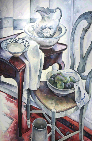Large Still Life with Swedish Chair, painting by Margaret Sparrow
