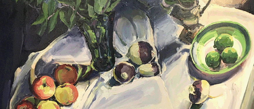 Macintosh Apples with Vase of Lime Leaves painting by Margaret Sparrow