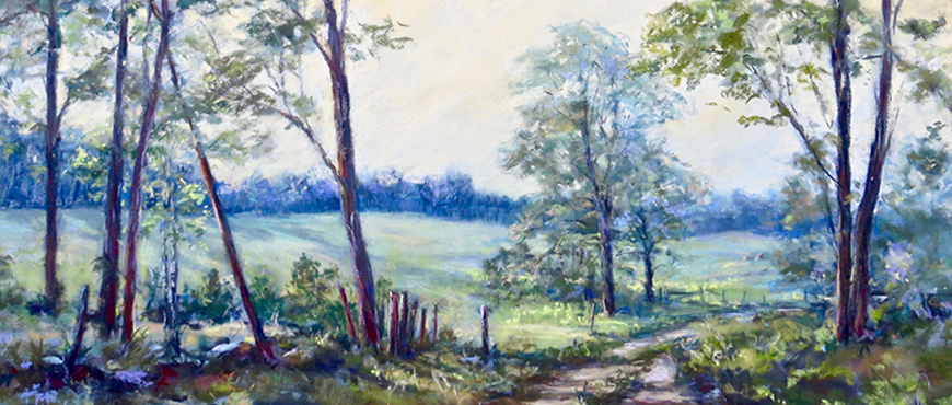 Pastel Painting by Wendy Soliday shows a dirt road meandering through trees and pasture