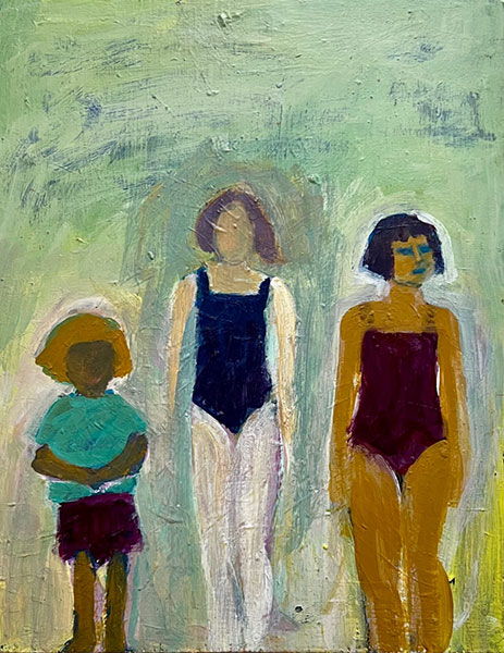 Kids standing on sea shore acrylic painting by Anne Davis